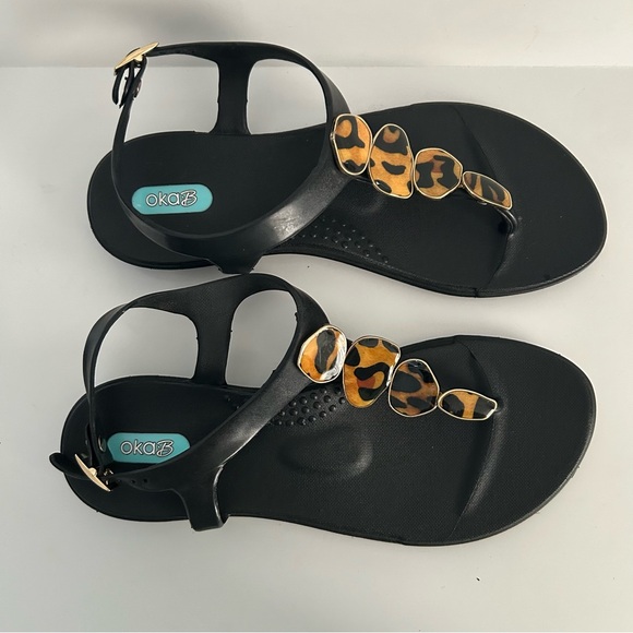 OKA b. Shoes - OKA b. Black Sandals with Leopard Print Stones
